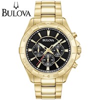 Reloj Bulova 97A139 Para Hombre Cronometro Acero Inoxidable Dorado Dial Negro